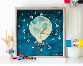 Hand-painted Moon balloon wall clock Whimsical nursery decor Children room wall art