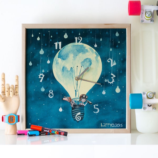 Horloge murale ballon de lune Illustration de petit garçon et de chien Horloge murale peinte à l’huile Décor de pépinière Grande horloge Horloge murale pour enfants Cadeau pour enfants