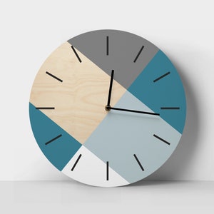 Turquoise wall clock Teal blue wall art Color block wall clock Design clock Round wooden clock