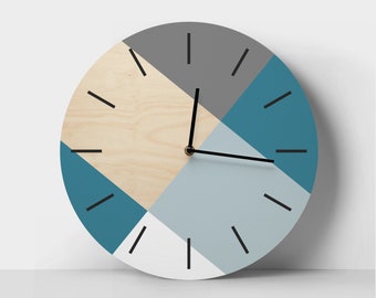 Turquoise wall clock Teal blue wall art Color block wall clock Design clock Round wooden clock