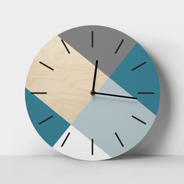 Horloge murale turquoise Art mural bleu sarcelle Horloge murale color block Horloge design Horloge ronde en bois