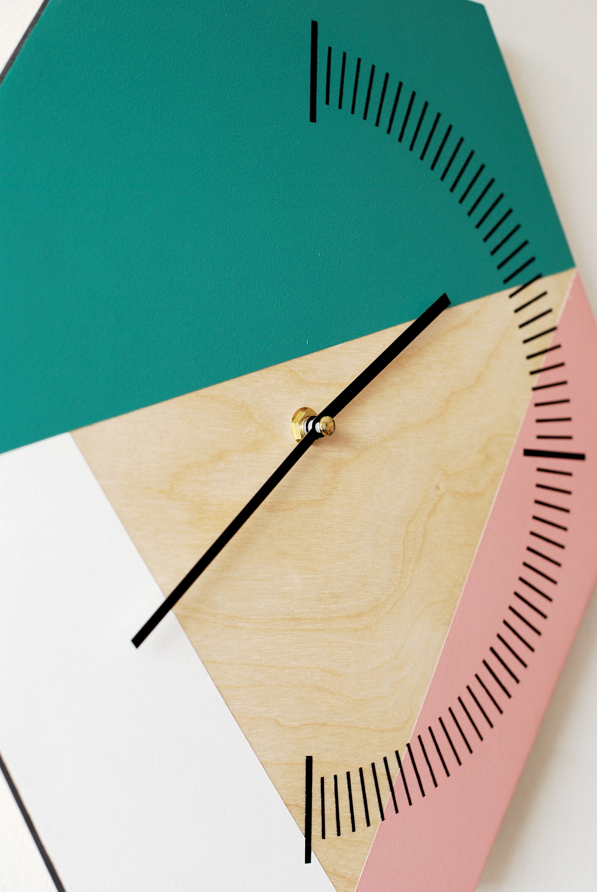 Geometric wall clock Hexagonal woodwork Green pink white wall Etsy