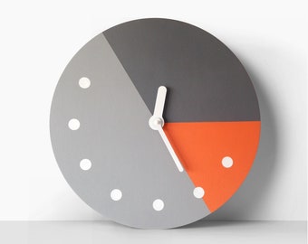 Horloge murale géométrique Horloge silencieuse Art mural minimaliste Horloge ronde en bois Boiserie Mid-Century Décor orange et gris