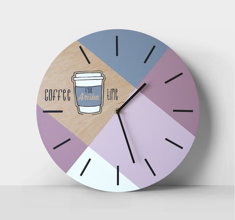 Personalized Coffee Wall Clock Time Minimalist Geometric Decor Round Wooden Coffe Cup Ilration