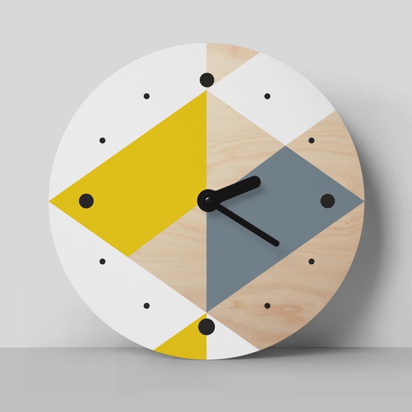 Mid-century geometric wall clock Minimalist wall art Modern wood work Large wall clock Orange and deep teal blue Living room decor