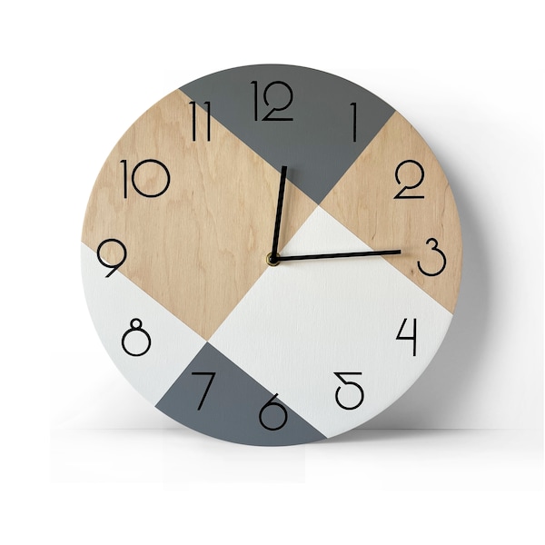 Wooden wall clock with numbers Large modern clock Mid-century wall clock Minimalist clock in white and gray