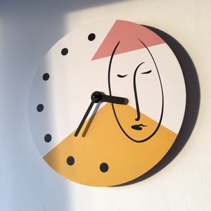 Abstract one line face wall clock Minimalist colorful wall decor Geometric clock in yellow and pale pink colors Wooden clock Unusual clock image 3