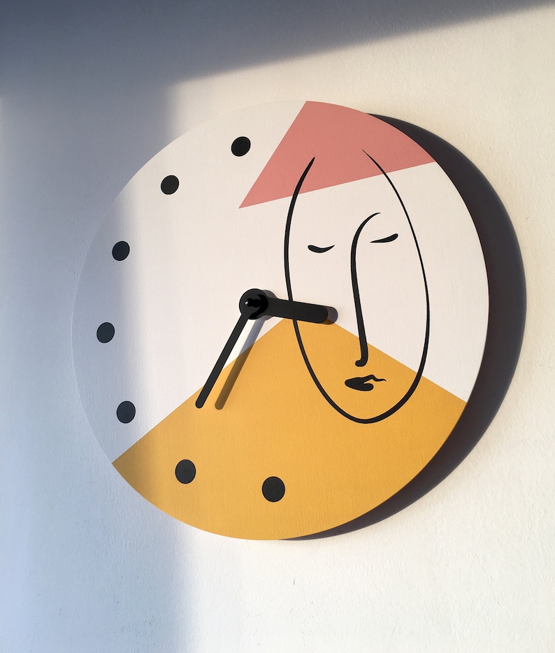 Abstract one line face wall clock Minimalist colorful wall decor Geometric clock in yellow and pale pink colors Wooden clock Unusual clock image 3