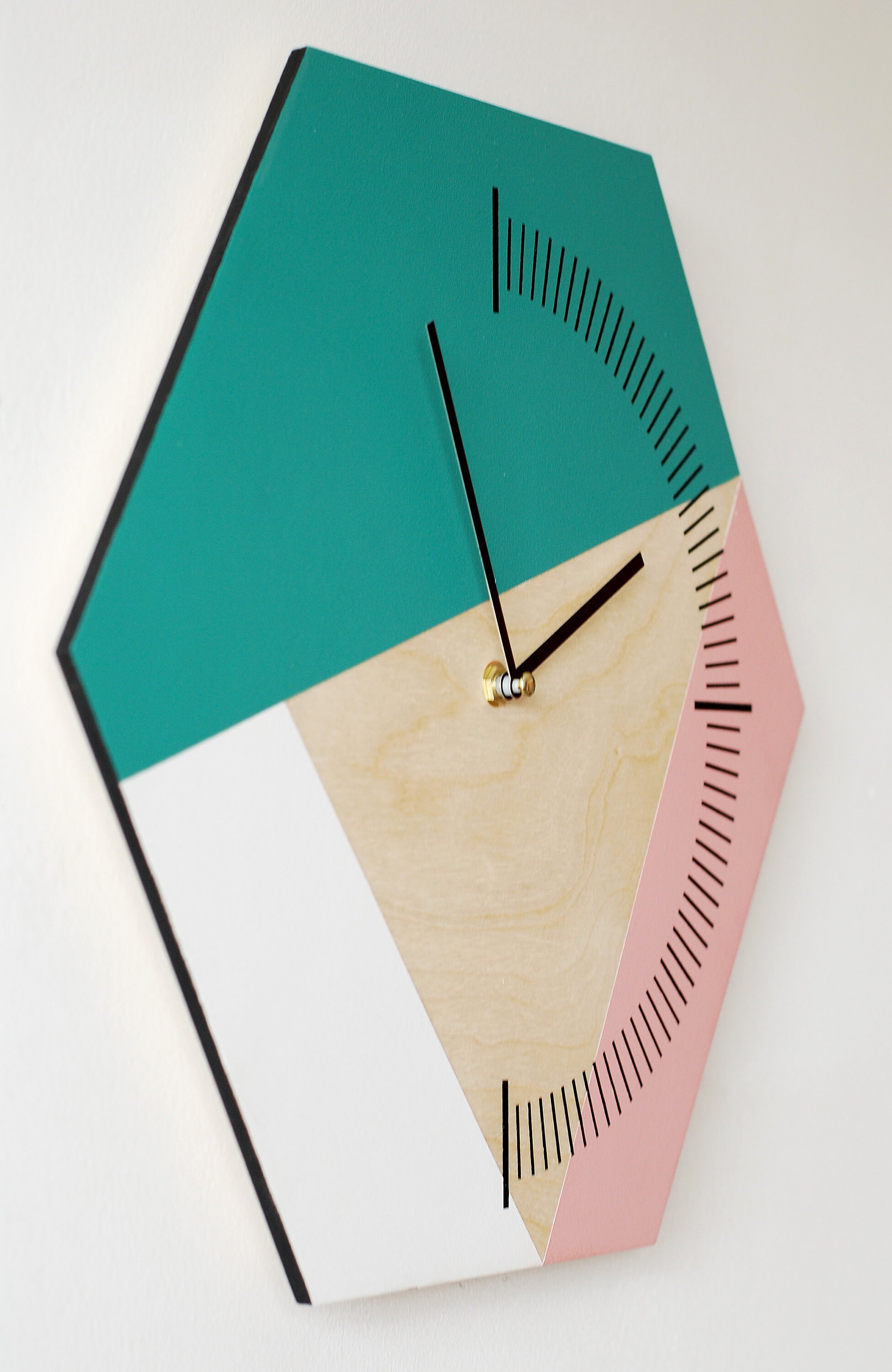 Geometric wall clock Hexagonal woodwork Green pink white wall Etsy