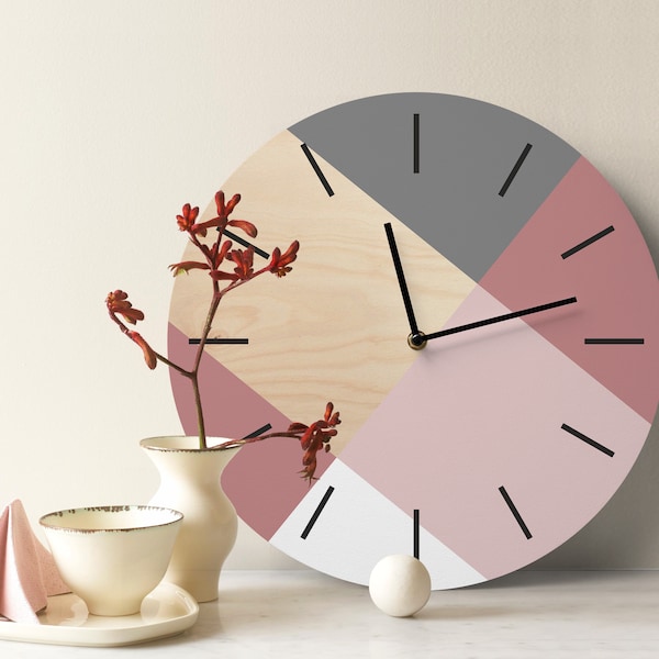 Scandi wall clock with pastel colors Minimalist wooden clock Pale purple and pale pink decor Geometric unique clock