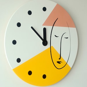 Abstract one line face wall clock Minimalist colorful wall decor Geometric clock in yellow and pale pink colors Wooden clock Unusual clock image 4