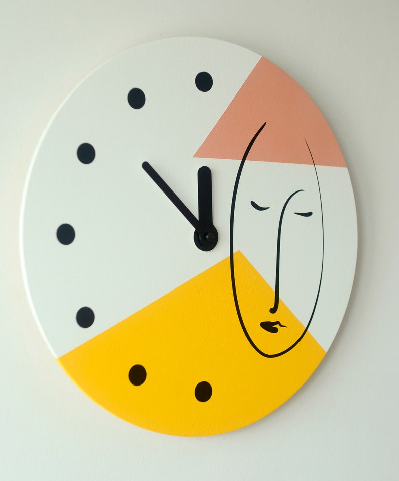 Abstract one line face wall clock Minimalist colorful wall decor Geometric clock in yellow and pale pink colors Wooden clock Unusual clock image 4