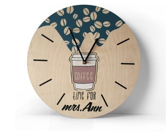 Personalized wall clock with your name Coffee cup and coffee beans Cafe clock Minimalist wooden coffee clock