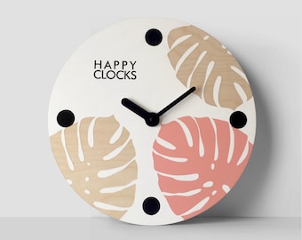 Orologio da parete in legno con foglia di Monstera – Decorazione da cucina boho fatta a mano