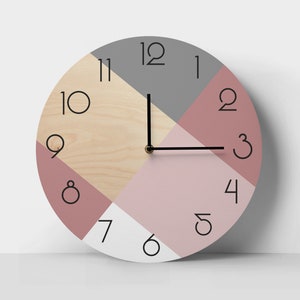 Scandi wall clock with pastel colors Minimalist wooden clock Pale purple and pale pink decor Geometric unique clock Personalized clock with numbers