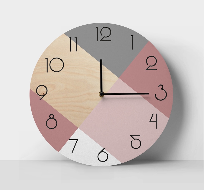 Scandi wall clock with pastel colors Minimalist wooden clock Pale purple and pale pink decor Geometric unique clock Personalized clock with numbers