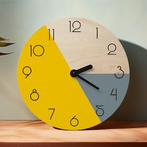 Minimalist wall clock with numbers Mustard and gray decor Mid-century wooden wall art Modern wall clock