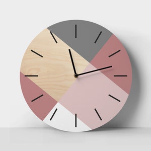 Scandi wall clock with pastel colors Minimalist wooden clock Pale purple and pale pink decor Geometric unique clock Personalized clock with dashes