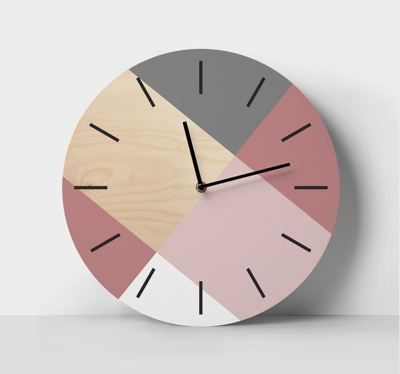 Scandi wall clock with pastel colors Minimalist wooden clock Pale purple and pale pink decor Geometric unique clock Personalized clock with dashes