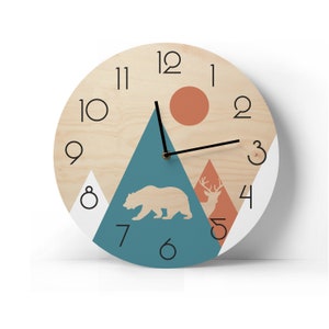 Mountains wall clock Personalized woodwork Animal wall clock Children room decor Childrens gift Gift for boy