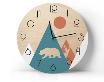 Mountains wall clock Personalized woodwork Animal wall clock Children room decor Childrens gift Gift for boy