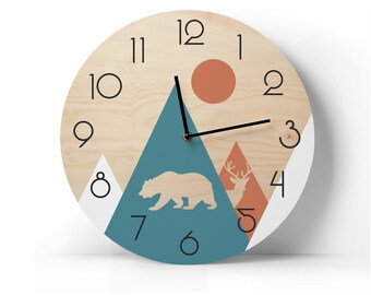 Mountains wall clock Personalized woodwork Animal wall clock Children room decor Childrens gift Gift for boy