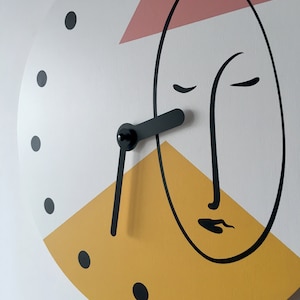 Abstract one line face wall clock Minimalist colorful wall decor Geometric clock in yellow and pale pink colors Wooden clock Unusual clock image 2