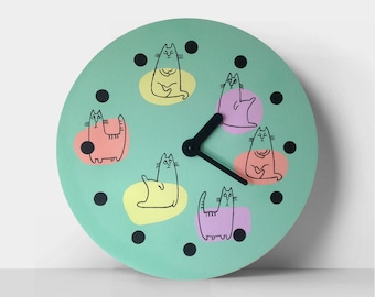 Yoga cats wall clock Children room decor Gift for her Cats illustration woodwork Colorful clock Cat lover gift Childrens clock