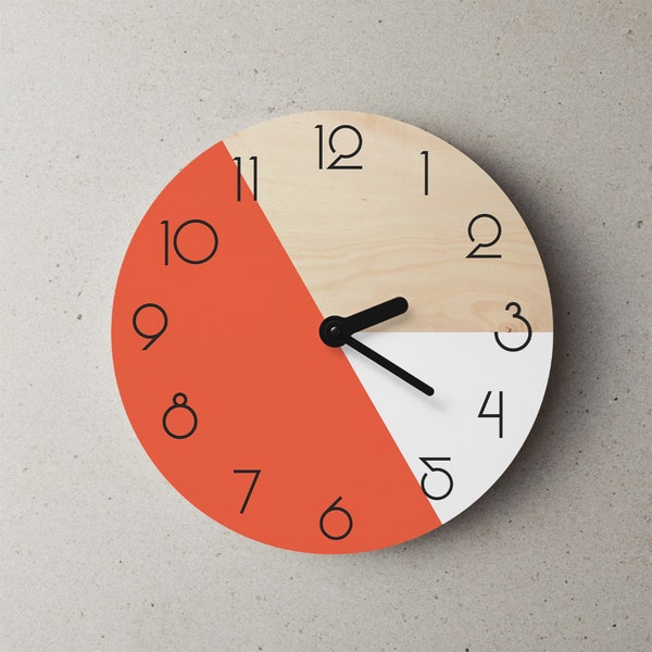 Orange wooden wall clock Orange and white clock Mid-century clock Minimalist clock Modern wood clock Clock with numbers Silent wall clock