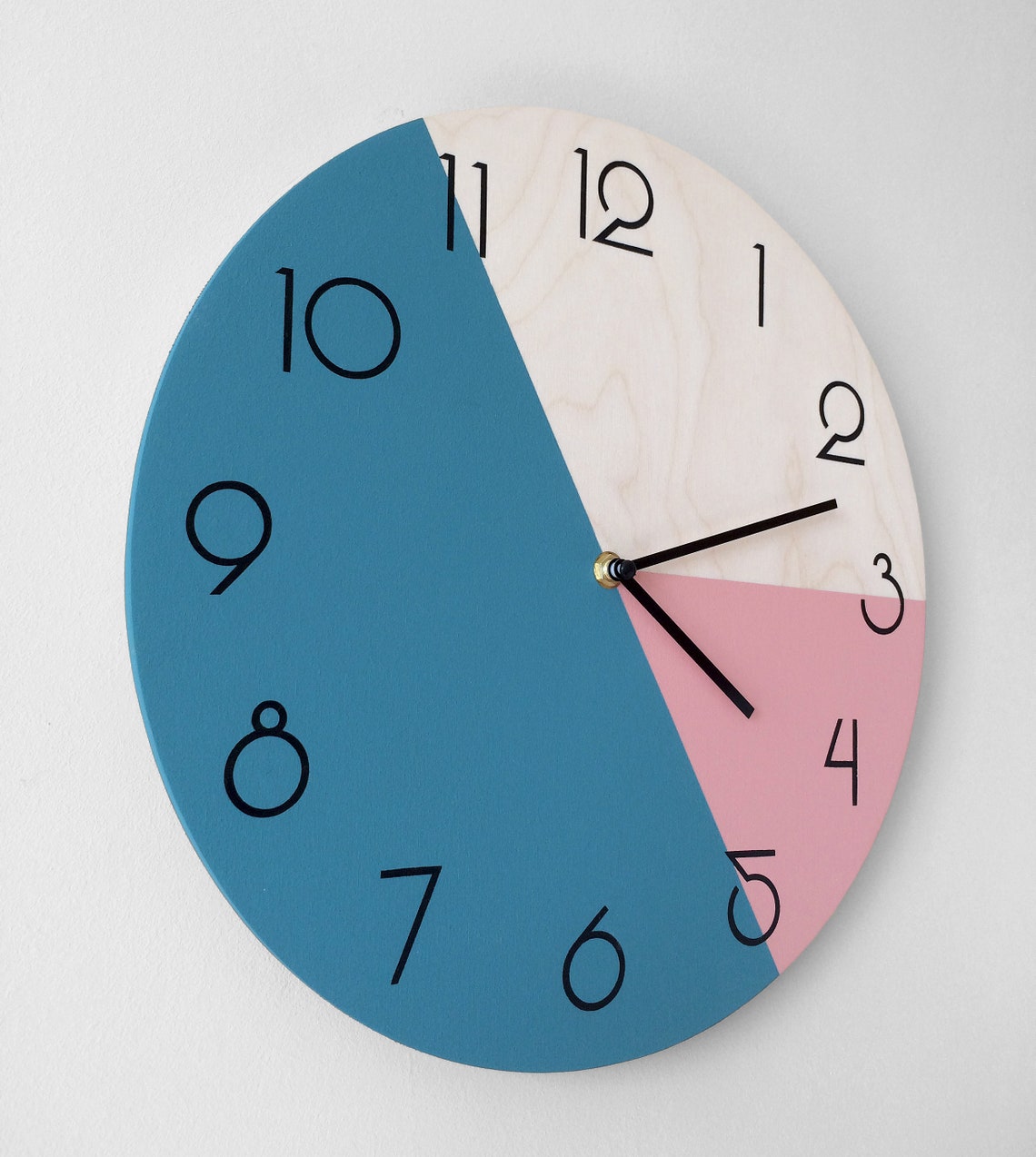 Geometric Wall Clock With Numbers Round Wooden Clock in Deep Etsy