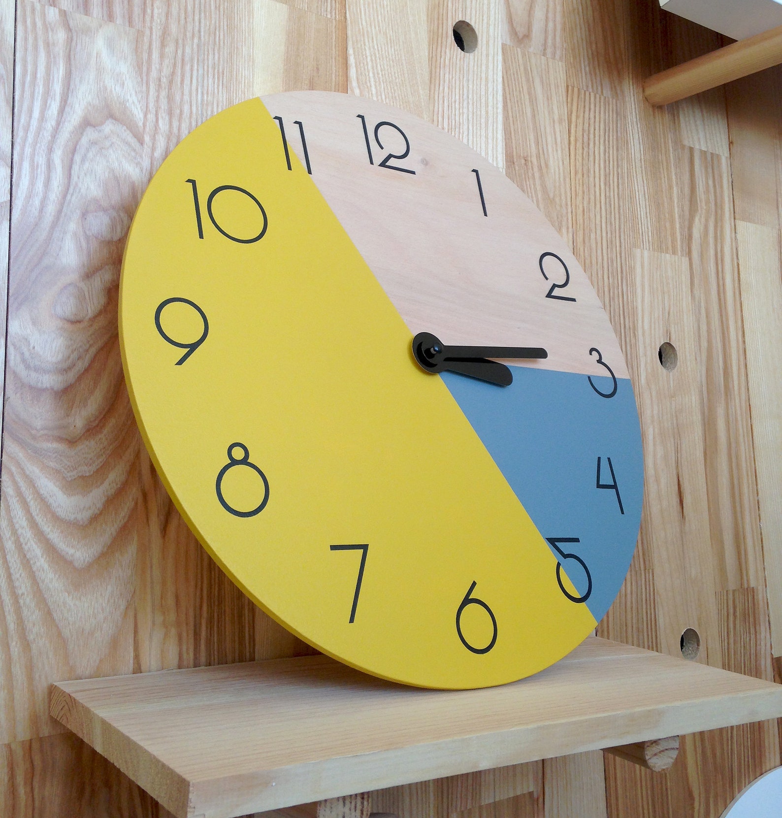 Minimalist Wall Clock With Numbers Large Wooden Clock Mustard Etsy