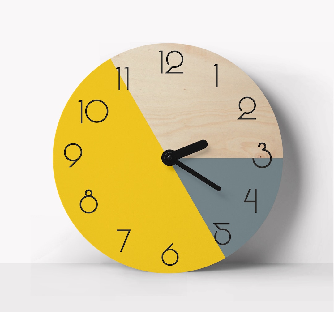 Minimalist Wall Clock With Numbers Large Wooden Clock Mustard and Gray
