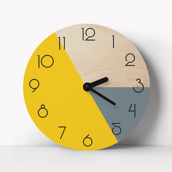 Minimalist wall clock with numbers Large wooden clock Mustard and gray decor Mid-century bright wall art Modern wall clock