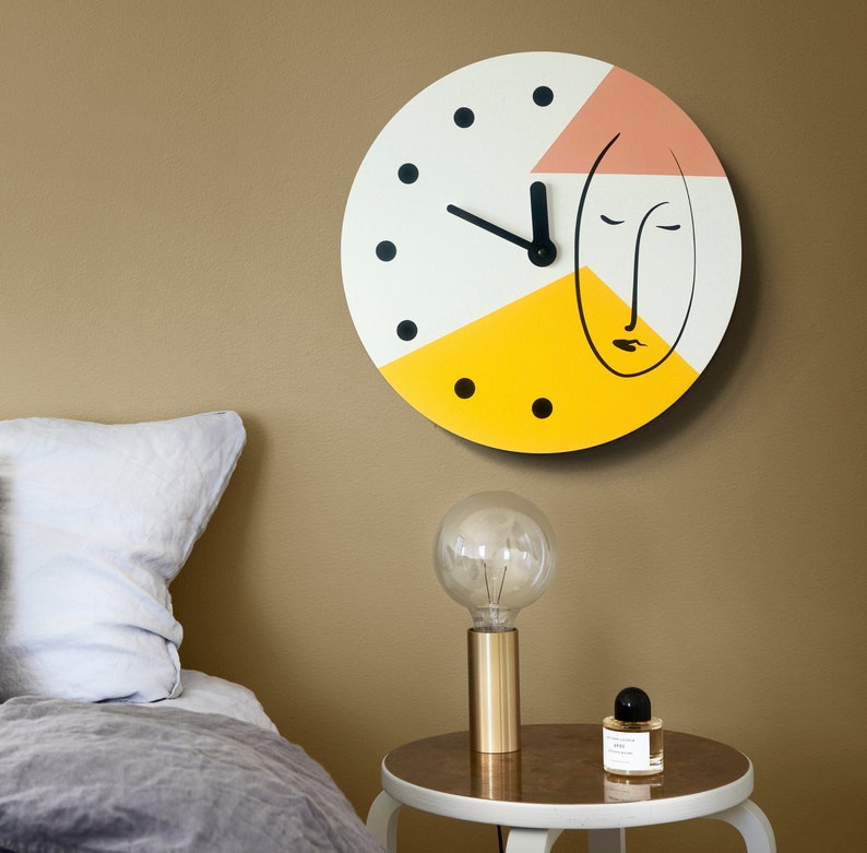 Abstract one line face wall clock Minimalist colorful wall decor Geometric clock in yellow and pale pink colors Wooden clock Unusual clock image 1