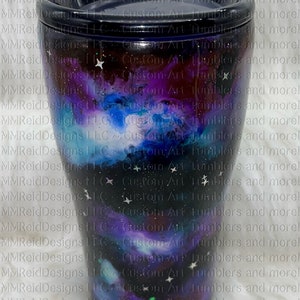 Custom 20oz hand painted Galaxy Tumbler with matching purple lid.