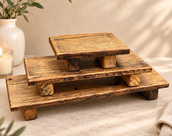 Reclaimed Wooden Display Risers | Rustic Pedestal Stand Set | Farmhouse Shelf Decor | Tiered Wood Stands | Tabletop Display