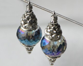 Kit to make 2 Pieces Glass Crystal Blue AB Aurora Borealis Drops Faceted Rhinestone Charms Pendants Silver Toned