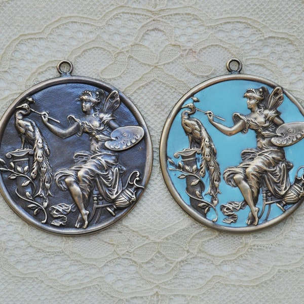 French Artist Fairy Nymph Painting a Peacock Medal Pendant Antique Brass or Turquoise Enamel Gold Toned 1 Piece 595J