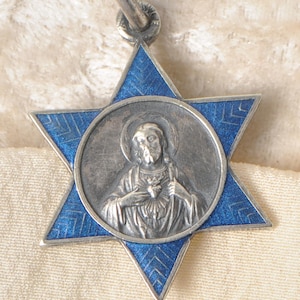 French Antique Enameled Religious Medal Sacred Heart of Jesus Royal Blue Silver Toned Small Star