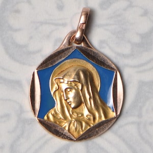 Vintage French Virgin Mary in 3/4 Profile Gold Plated Religious Medal with Blue Enamel