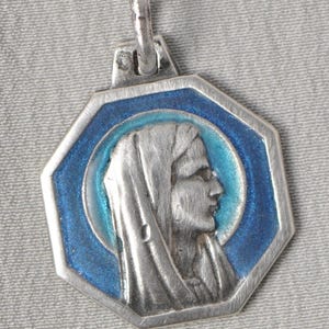 French Antique Enameled Religious Mother Mary and Solid Silver Small Medal Octagon