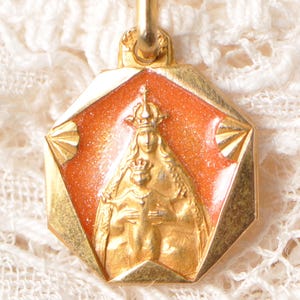 Vintage Virgin Mary and Baby Jesus Portrait French Religious Medal Art-Deco Style Gold Plated Orange Enamel Pendant