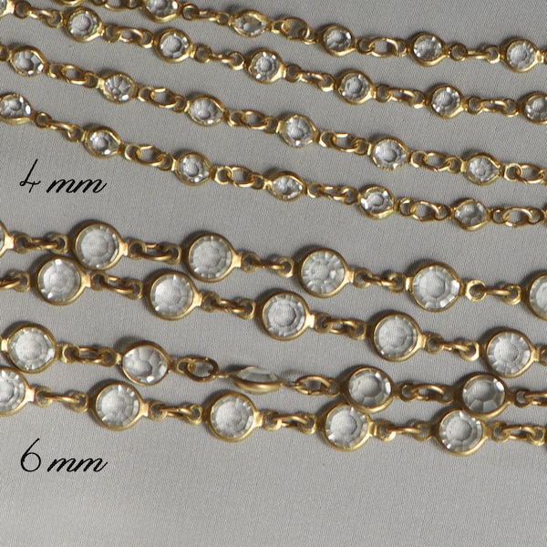 1 Foot by 4 mm or 6 mm Delicate Bezel Set Crystal & Brass Chain Gold Tone Raw Brass Q2
