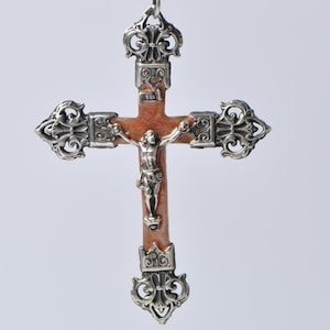 Antique Baroque Style Sterling Silver and Celluloid French Crucifix Catholic Christian Cross For Rosary