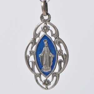 Authentic Antique Original Solid Silver (800 Silver) French Medal Virgin Mary Art Nouveau Catholic Pendant Metallic Royal Blue Enamel