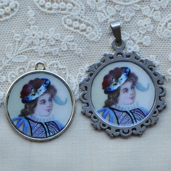 Antique Enamel Reproduction 3/4 Voir Le pendentif Blue Renaissance Portrait Français 1 Pièce 9E