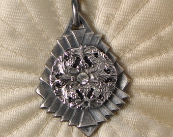 Vintage French Art-Deco Silver Toned Medal Made in France with Antique Sterling Silver Button with Rhinestone Authentic JAT