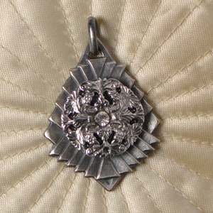 Vintage French Art-Deco Silver Toned Medal Made in France with Antique Sterling Silver Button with Rhinestone Authentic JAT