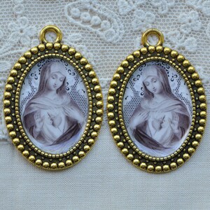 Antica carta di preghiera francese Riproduzioni 1800 Francia Vergine Vergine Maria Antica Oro Tone Fotogrammi 2 Pezzi 2E