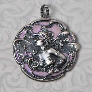 Vintage French Nymph or Fairy Antique Gold with Sage Green Transparent Enamel Pendant 1 Piece 540J